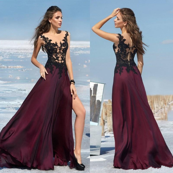 Sexy Tmarmonia Side Split Prom Dresses 2017 Burgundy Chiffon Illusion Applique Lace Formal Evening Gowns Simple Cheap Special Occasion Dress