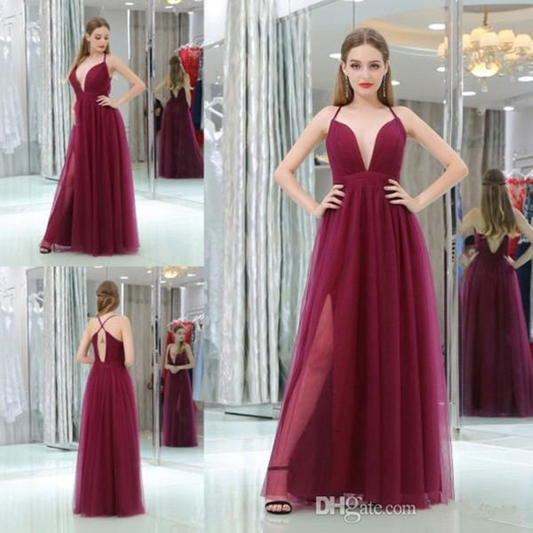 New Sexy Deep V-neck Backless Prom Dresses Floor Length Tulle Burgundy A-line Formal Evening Gowns Simple Cheap Special Occasion Dress