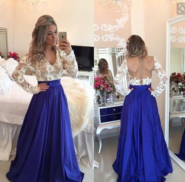 Graceful Lace Top Long Sleeve A-Line Prom Dresses V-neck Long Sleeves Sheer Back Royal Blue Evening Dress Custom Made Special Occasion Dress