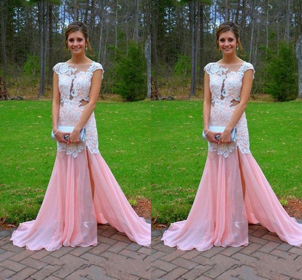 2017 Pink Chiffon Prom Dresses Sheer Jewel Cap Sleeves Applique Lace Evening Dress Sexy Side Split Mermaid Formal Party Gowns Custom Made