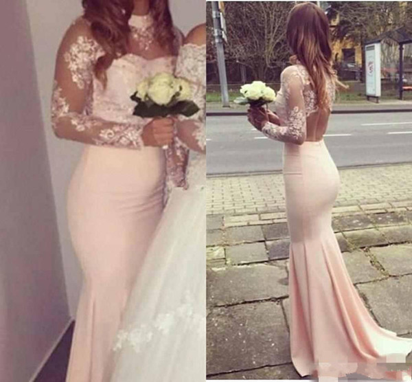 Elegant Pink Mermaid Prom Dresses With High Neck Sheer Long Sleeves Backless Evening Dress Simple Applique Lace Bridesmaid Dress