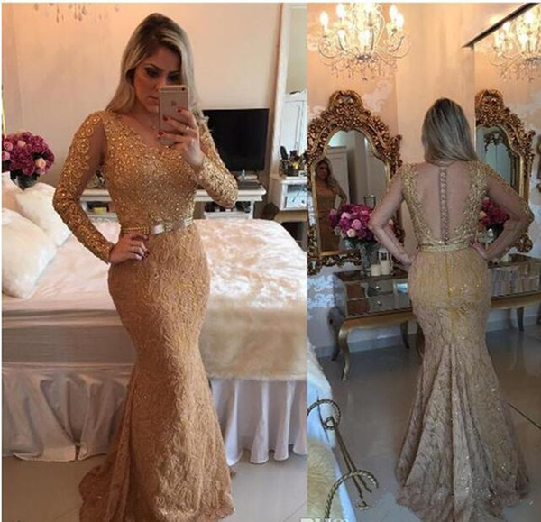 Gold Illusion Sheer Long Sleeves Mermaid Prom Dresses Beaded Full Lace Applique Evening Dress Luxury Custom Made Formal Party Gowns