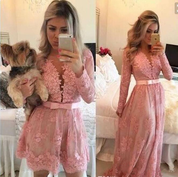 Two Pieces Short Prom Dresses With Detachable Skirt Pink Lace Long Sleeve Evening Dress Beaded Applique Lace Homecoming Dress