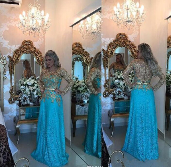 Lace Long Sleeves Prom Dresses Sheer Jewel with Gold applique Evening Dress Custom Made A-line Special Occasion Dress Mother Dress