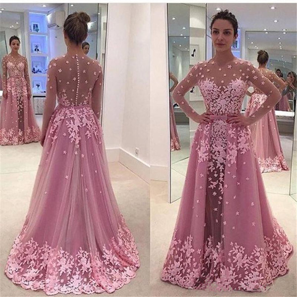 Blush pink Applique Lace Prom Dresses Sheer Jewel Illusion Long Sleeve Evening Dress Sexy See Through Custom Made Evening Gowns