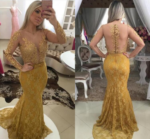 Gold Sequined Applique Lace Prom Dresses Sheer Jewel Long Sleeves Mermaid Evening Dress Sexy See Through Special Occasion Dress