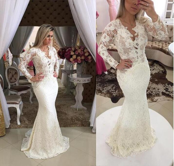 Elegant Full Lace Long Sleeves Prom Dresses V-neck Mermaid Evening Dress Floor Length Plus Size Special Occasion Dress