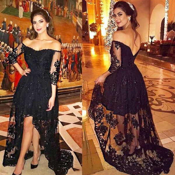 2017 Fashion Off Shoulder High Low Prom Dresses Sheer Long Sleeve Crystal Applique Lace Evening Dress Black Sexy Backless Formal Party Gowns