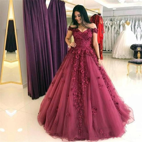 Burgundy Ball Gown Lace Applique Prom Dresses Off Shoulder Floor Length Evening Dress Plus Size Special Occasion Dress