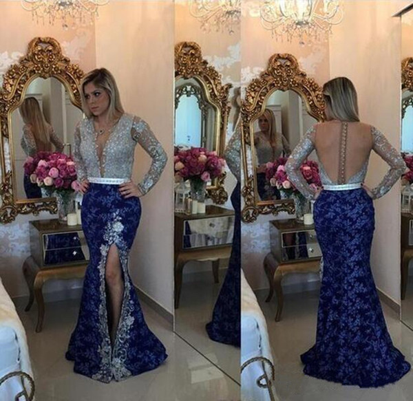 Long Sleeves Side Split Lace Prom Dresses Deep V-neck Sheer Back Applique Evening Dress Floor Length Mermaid Special Occasion Dress