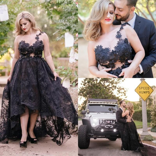 Elegant Black Full Lace High Low Prom Dresses With Sheer V-neck Applique A-line Formal Evening Gowns Custom made Special Occasion Dress