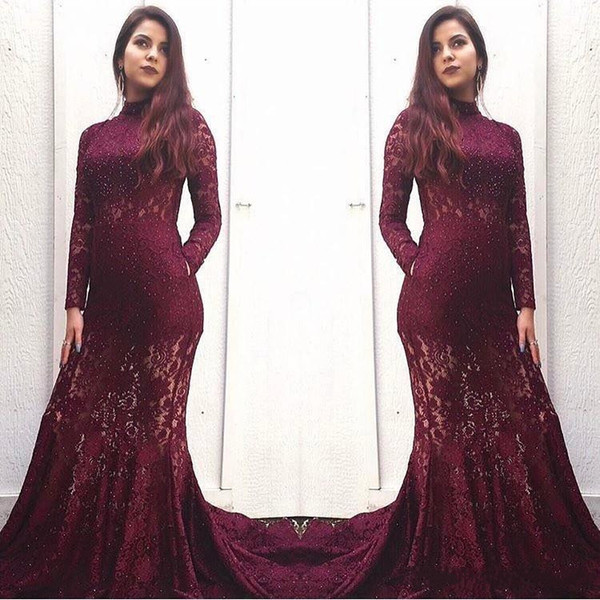 Modest High Neck Mermaid Prom Dresses See Through Crystal Burgundy Lace Evening Dress With Long Sleeves Formal Party Gowns