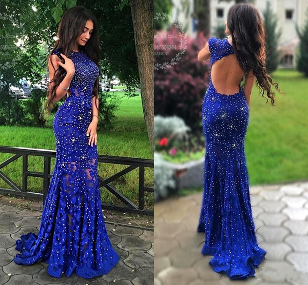 Royal Blue Lace Prom Dresses Shiny Beaded Crystal Mermaid Backless Evening Dress Women Formal Graduation Party Dress