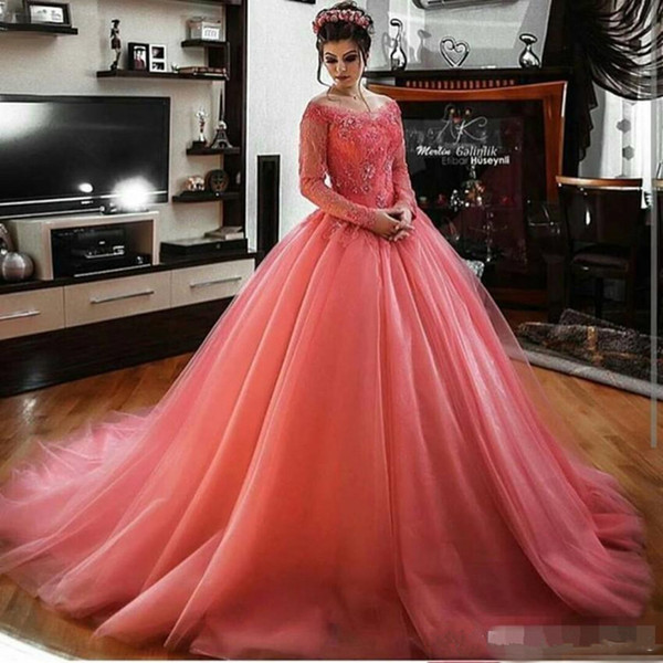 Coral Long Sleeves Lace Tulle Ball Gown Prom Dresses Off the Shoulder Princess Arabic Evening Dress Formal Party Gowns Quinceanera Dress