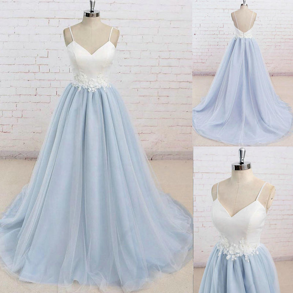 prom dresse prom dress Hand Made Flowers mermaid prom dresses A-Line Sweetheart Backless Sweep-Train Light Sky Blue Satin Tulle