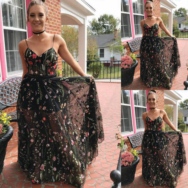 MICWEIL Prom dresses Black V-Neck prom dress A-Line Floor-Bength customization mermaid prom dresses Jewel illusion applique misses 505