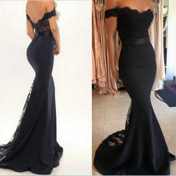 Dark Navy Trunpet/Mermaid Sweep-Train Prom Dresses Lace Applique Backless Crystal/Beading New style Bridesmaid Dresses Custom size CK016