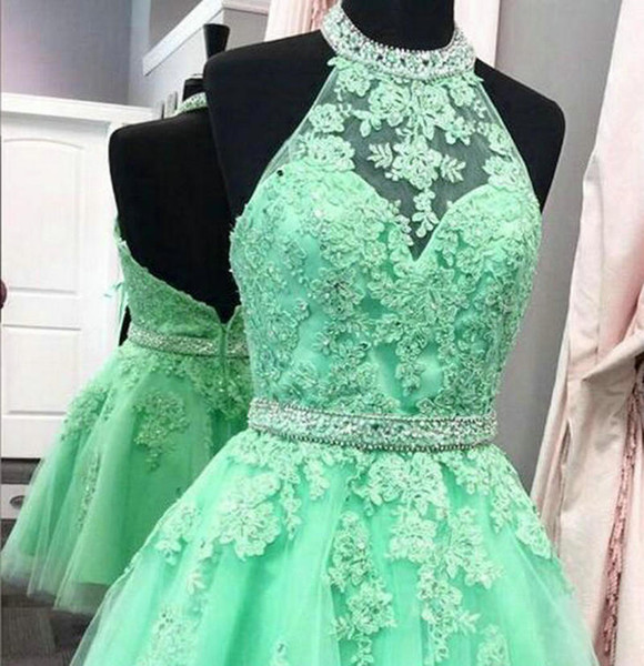 Prom Green Short Party Dresses Tulle Applique Hang a neck style Short Bridesmaid Dresses Bridesmaid Dresses DK042