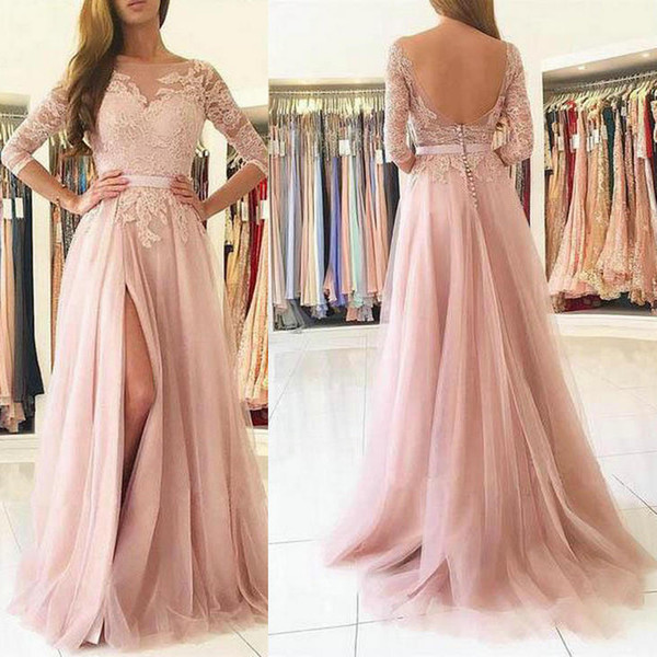 MICWEIL Prom dresses long Jewel illusion applique misses Elegant Half Sleeves Pink Tulle Long Lace Prom Dress with Slit CK217