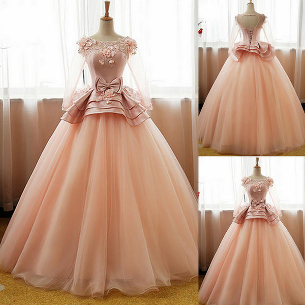 Prom dresses Plus size prom dresses Paolo sebastian Vintage Pink Flower Long Sleeves Puffy Tulle Long Prom Dress,Quinceanera Dresses CK216