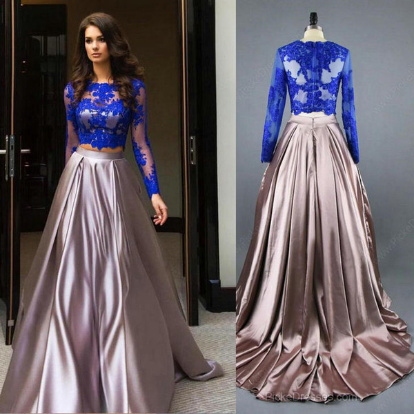 prom dresses mermaid prom dresses two piece A Line Royal Blue Two Piece Long Sleeve Lace Top Prom Dresses CK211