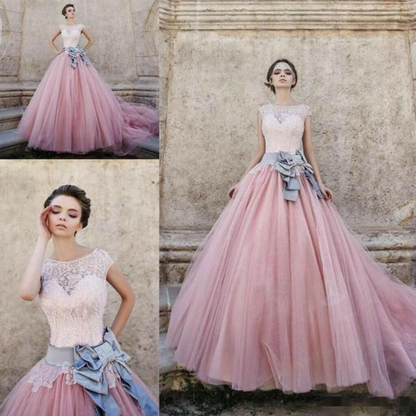 Prom dresses mermaid prom dresses prom Princessevening party dresses Cap Sleeves Ball Gown Bateau Lace Bow-knot Pink HS234