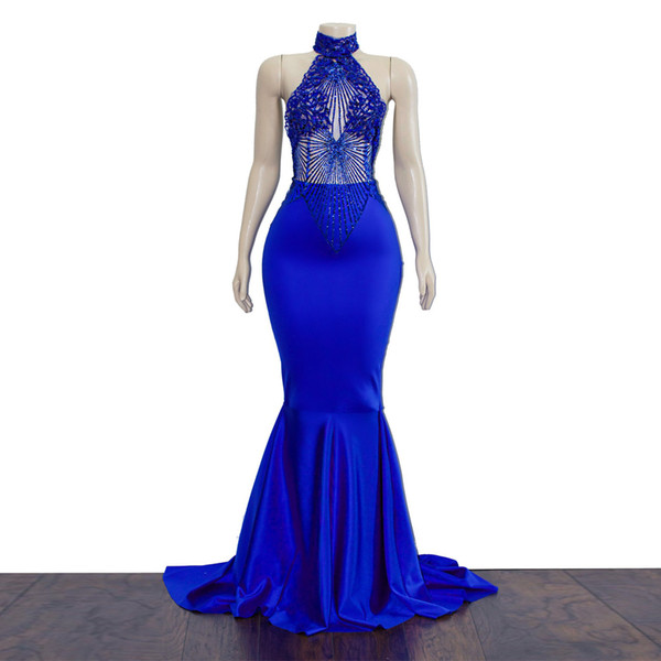 GiayMus Vestido de festa High Neck Beaded Prom Dress Sexy Illusion Prom Dresses Elegant Sleeveless Backless Blue Mermaid Evening Dresses