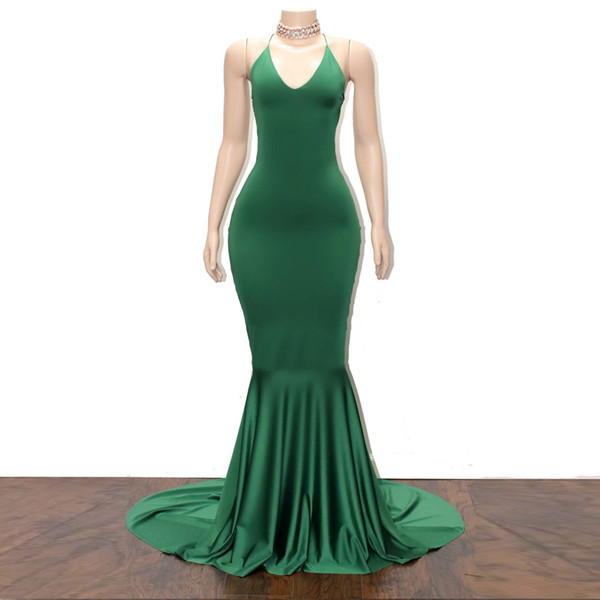 GiayMus Dark Green Mermaid Prom Dresses Halter Sleeveless Sexy Backless Dresses Criss vestido de festa Longo Elegant Evening Dresses