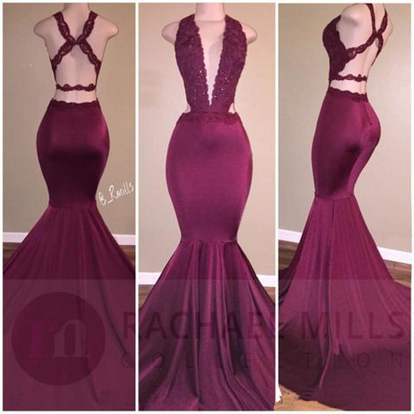 GiayMus Burgundy Mermaid Prom Dresses Sexy Deep V Neck Lace Appliques Backless Ruched Long Party Occasion Gowns Long Evening Dress SH803