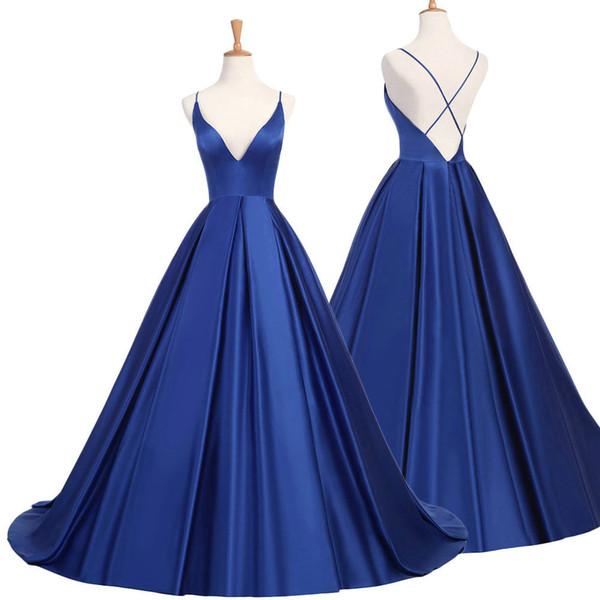 Royal Blue Sexy Satin Evening Dresses Long A line Prom Dresses Evening Party Dresses Evening Gown Open Back Robe De Soiree