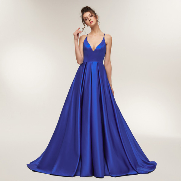 Royal Blue Sexy Prom Dresses Long Girl Satin Spaghetti Strap Party Dresses Long Open Back Evening Dresses Real Sample