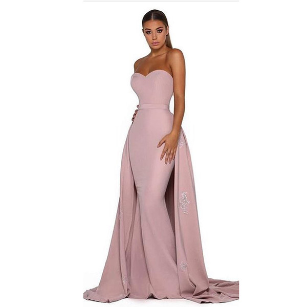 Detachable Tail Mermaid Prom Dresses Pink Satin Evening Dresses Sweetheart Sleeveless Lace Appliques Sweep Train Open Back Prom Dress