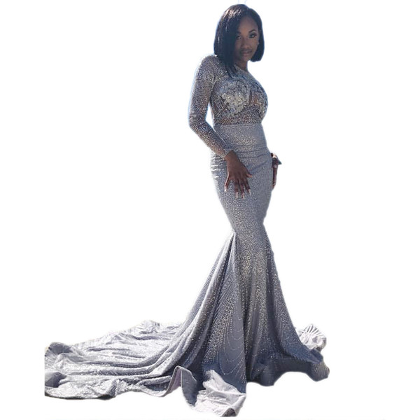 GiayMus Luxurious Sequin Mermaid Prom Dresses Long Sleeves Illusion African Dubai Women Gown Sliver Grey Evening Dresses vestidos de fiesta