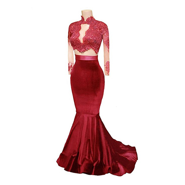 Long Sleeves Two Pieces Mermaid Prom Dress Burgundy Evening Dress Lace Beading Luxury Design Formal Party Dress Custom Made