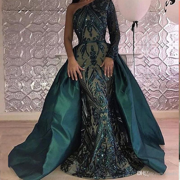 Luxury Dark Green Evening Dresses One Shoulder Zuhair Murad Dresses Mermaid Sequined Prom Gown With Detachable Train Custom Made