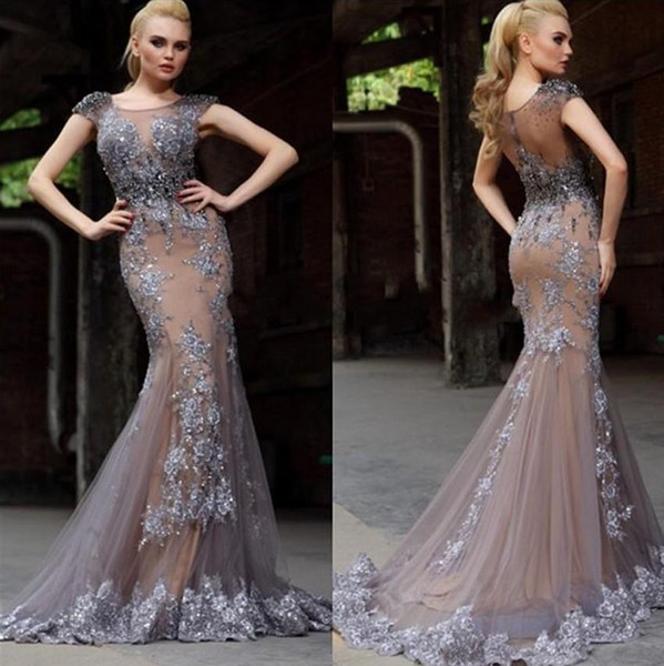 Zuhair Murad Prom Dresses New Arrival High Quality Prom Dresses Short Sleeves Illusion Backless Court Train Applique Evening Dress 2016