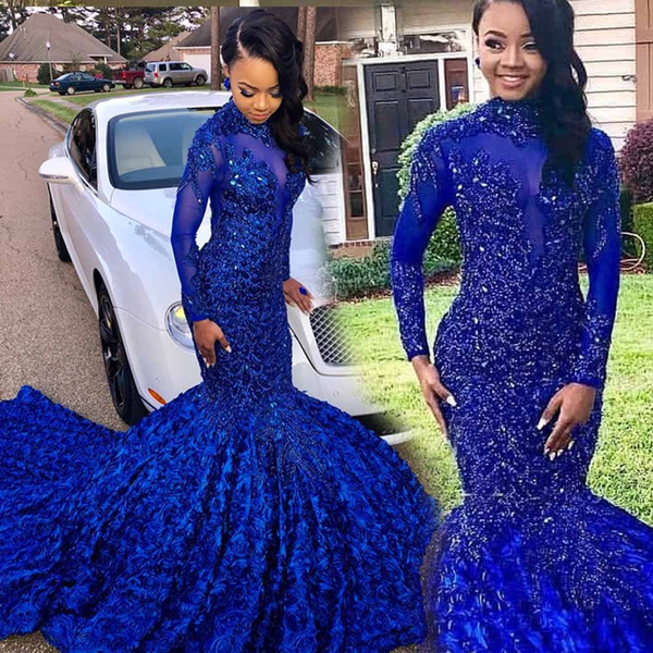 GiayMus Mermaid Prom Dresses Luxurious Lace Beaded African Dubai Dresses Sheer Neck Major Flower Hem Blue Evening Dresses vestidos de fiesta