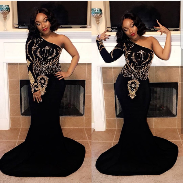 GiayMus Dubai African Dresses Sexy Mermaid Prom Dresses One-Shoulder Major Beading Black Evening Dresses Long Backless vestidos de fiesta