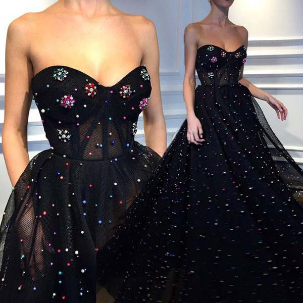 Ball Gown Prom Dresses Sweetheart Sleeveless Colorful Beaded Black Long Prom Dresses vestidos de fiesta Custom Made Saudi Arabia Dress