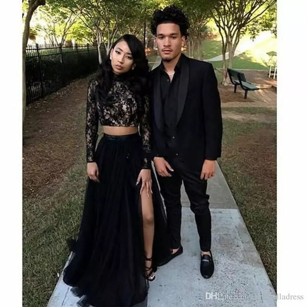 Two Piece Black Girl Prom Dresses Lace Long Sleeves Sequins A-Line Tulle Side Split Evening Gowns Cheap Sexy Girls Occasion Party Dress