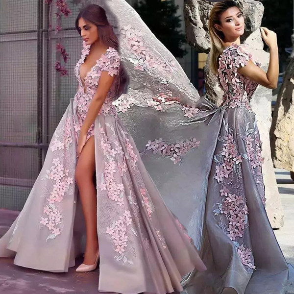 Prom Dresses Plunging A Line V Neck Short Sleeves Pink 3D Flowers Lace Applique Side Split Low Back Long Evening Party Gowns