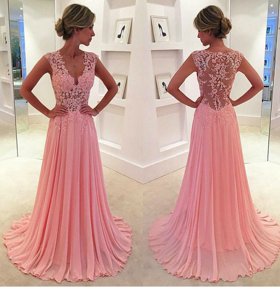 2017 Prom Dresses V-Neck Pink Sheer Lace Chiffon A Line Floor Length Long Evening Party Gowns