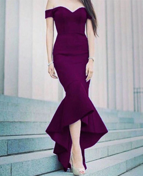 2017 Hi-Lo Mermaid Prom Dresses with Off Shoulder Tea Length Sweetheart Neck Ruffles Cheap Sexy Crepe Trumpt Grape Evening Gowns