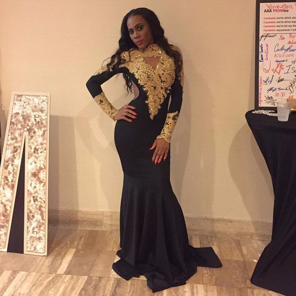 2017 Mermaid Evening Gowns with High Neck Long Sleeves Sweep Train Illusion Gold Appliques Pearls Black Sexy African Trumpet Prom Dresses