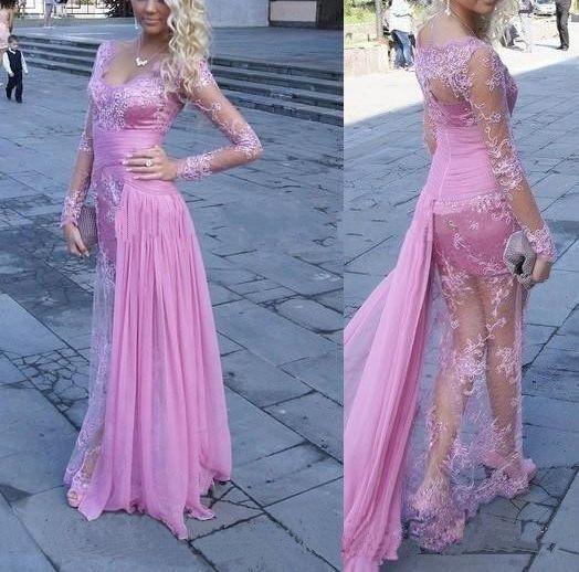 Illusion Lace Sheath Prom Dresses with V-Neck Long Sleeves Floor Length Ruching Side Sash Sexy Chiffon Evening Dresses