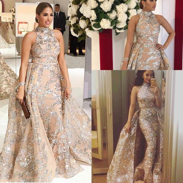 2017 Bling Ball Gown Prom Dresses High Neck Silver Sequins Appliques Champagne Evening Gowns with Detachable Overskirt Real Pageant Dresses