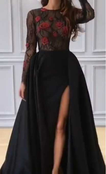 2017 Black Prom Dresses with Sheer Lace Top and Long Sleeves Red Rose Crystals Beaded Lace Satin Split Evening Dresses