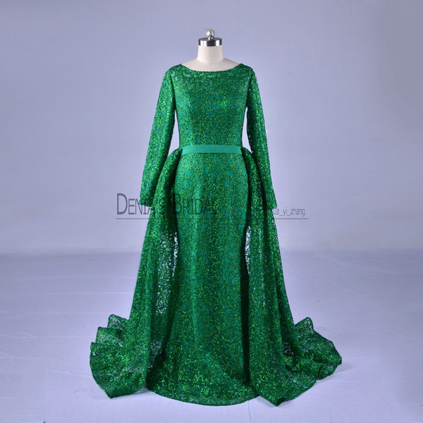 Prom Dresses Ball Gown Muslim Long Sleeves Green Fixed Overskirt Sweep Train Party Bling Train Party Bling Evening Dress