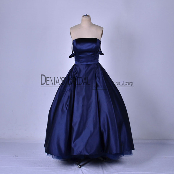 Dark Navy Ball Gown Evening Prom Dresses Special Neck Design Ruffle Bow Off Shoulder Neckline Formal Gowns