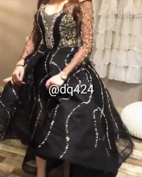 2017 Luxury Black Prom Dresses with Silver Crystal Beaded Ball Gown Hi Lo with Deep V Neck and Sheer Long Sleeves Cocktail Gowns Party Dress